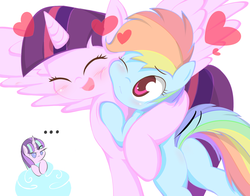 Size: 1400x1100 | Tagged: safe, artist:fromamida, rainbow dash, starlight glimmer, twilight sparkle, alicorn, pony, g4, the cutie re-mark, ..., blushing, butt, cute, eyes closed, female, filly, filly rainbow dash, heart, hug, lesbian, mare, one eye closed, open mouth, plot, raised eyebrow, ship:twidash, shipping, simple background, smiling, spread wings, twilest dashle, twilight is a foal fiddler, twilight sparkle (alicorn), white background, wings, younger