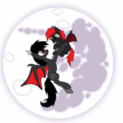 Size: 541x540 | Tagged: safe, artist:red moon hawk, oc, oc only, oc:qetesh, oc:red moon hawk, bat pony, pony, flying, foal, moon