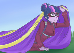 Size: 1280x916 | Tagged: safe, artist:jonfawkes, sci-twi, twilight sparkle, equestria girls, g4, my little pony equestria girls: friendship games, clothes, covered, embarrassed, female, goggles, jumpsuit, parachute, solo