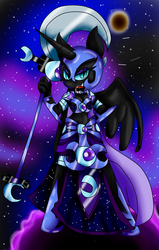 Size: 1400x2200 | Tagged: safe, artist:mongoosegoddess, nightmare moon, anthro, g4, female, grin, scythe, solo, spread wings