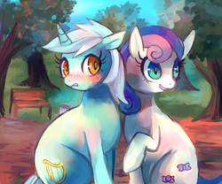 Size: 1280x1067 | Tagged: safe, artist:cherivinca, bon bon, lyra heartstrings, sweetie drops, earth pony, pony, unicorn, g4, bench, blushing, female, lesbian, ship:lyrabon, shipping