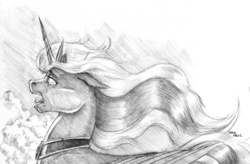Size: 1200x787 | Tagged: safe, artist:baron engel, princess luna, alicorn, pony, g4, bust, crying, female, floppy ears, grayscale, horn, jewelry, mare, monochrome, open mouth, pencil drawing, portrait, profile, regalia, singing, solo, story in the source, tiara, traditional art