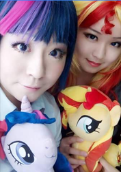 Size: 480x679 | Tagged: source needed, safe, artist:onlyfactory, sunset shimmer, twilight sparkle, human, pony, g4, bootleg, clothes, cosplay, costume, irl, irl human, photo, plushie, taiwan, taiwan ponycon