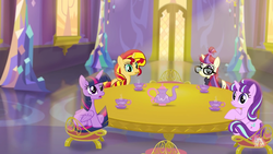 Size: 1280x720 | Tagged: safe, artist:minty root, moondancer, starlight glimmer, sunset shimmer, twilight sparkle, alicorn, pony, unicorn, equestria girls, g4, chair, counterparts, food, magical quartet, magical quintet, magical trio, table, tea, tea party, twilight sparkle (alicorn), twilight's castle, twilight's counterparts, youtube link, youtube source