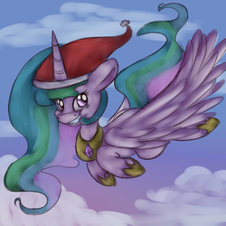 Size: 1000x1000 | Tagged: safe, artist:dweebpone, princess celestia, alicorn, pony, g4, christmas, female, flying, hat, holiday, looking at you, mare, santa hat, sky, smiling, solo, spread wings, three quarter view, wings