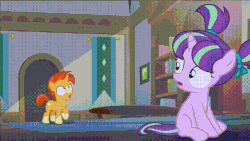 Size: 640x360 | Tagged: safe, screencap, starlight glimmer, sunburst, g4, the cutie re-mark, animated, blaze (coat marking), coat markings, colt, colt sunburst, cutiespark, facial markings, female, filly, filly starlight glimmer, male, socks (coat markings), start of darkness, younger