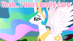 Size: 640x360 | Tagged: safe, edit, edited screencap, screencap, princess celestia, alicorn, pony, g4, female, image macro, mare, meme, pink text, reaction image, solo