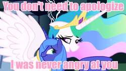 Size: 640x360 | Tagged: safe, edit, edited screencap, screencap, princess celestia, princess luna, friendship is magic, g4, heartwarming, image macro, meme, neck hug, pink text, s1 luna, sisters, spread wings, sweet