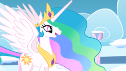 Size: 1366x768 | Tagged: safe, screencap, princess celestia, alicorn, pony, g4, my little pony: friendship is magic, sonic rainboom (episode), female, jewelry, mare, regalia, solo