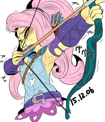 Size: 948x1100 | Tagged: safe, artist:nekubi, fluttershy, equestria girls, g4, my little pony equestria girls: friendship games, :t, archery, armpits, arrow, blushing, bow (weapon), bow and arrow, clothes, eyes closed, female, shivering, simple background, solo, sweat, white background