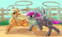 Size: 1500x900 | Tagged: safe, artist:candychameleon, applejack, oc, oc:crash dive, earth pony, pegasus, pony, g4, competition, corral, galloping, lasso