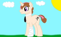 Size: 1600x960 | Tagged: safe, oc, oc only, oc:edwin rimshot nappier, pony, unicorn, bandage, cloud, necktie, smiling, solo, sun, usb