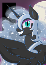 Size: 731x1024 | Tagged: safe, artist:amyskyblazer, nightmare moon, g4, full moon, looking at you, looking back, mare in the moon, moon, sparkly mane