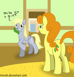 Size: 906x938 | Tagged: safe, artist:kinrah, carrot top, derpy hooves, golden harvest, pegasus, pony, g4, butt, carrot, eating, empty, female, food, goldenbutt, herbivore, i emptied your fridge, mare, old joke, plot, refrigerator