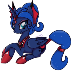 Size: 1024x1010 | Tagged: safe, artist:spooky-kitteh, idw, princess luna, alicorn, pony, g4, reflections, spoiler:comic, clothes, crossed arms, evil counterpart, evil luna, female, looking at you, mirror universe, prone, red, shoes, signature, solo, tail wrap