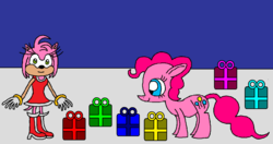 Size: 1204x634 | Tagged: safe, artist:killerbug2357, pinkie pie, g4, 1000 hours in ms paint, amy rose, crossover, ms paint, present, sonic the hedgehog (series)