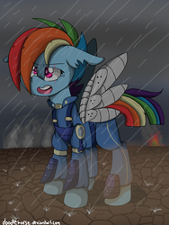 Size: 1536x2048 | Tagged: safe, artist:doodlehorse, rainbow dash, g4, the cutie re-mark, alternate timeline, apocalypse dash, armor, badass, crystal war timeline, female, fire, rain, scar, smoke, solo, torn ear, war