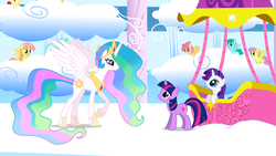 Size: 1366x768 | Tagged: safe, screencap, dizzy twister, high spirits, lyra heartstrings, orange swirl, parasol, princess celestia, rarity, spring melody, sprinkle medley, starburst (g4), twilight sparkle, alicorn, pegasus, pony, unicorn, g4, my little pony: friendship is magic, sonic rainboom (episode), background pony, female, hot air balloon, male, mare, stallion, twinkling balloon, unicorn twilight