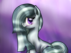 Size: 1024x768 | Tagged: safe, artist:pexxastar, marble pie, earth pony, pony, g4, hearthbreakers, my little pony: friendship is magic, blushing, cute, female, hair over one eye, marblebetes, sitting, smiling, solo