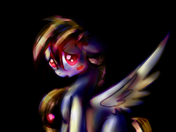 Size: 1024x768 | Tagged: safe, artist:pexxastar, oc, oc only, oc:alice goldenfeather, pegasus, pony, dark, looking at you, red eyes, sad, solo