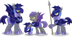 Size: 3712x1900 | Tagged: safe, artist:vector-brony, oc, oc only, oc:midnight blossom, bat pony, pony, alternate timeline, armor, bat pony oc, fangs, female, guardsmare, helmet, hoof shoes, inkscape, male, mare, night guard, nightmare takeover timeline, royal guard, simple background, slit pupils, spear, stallion, transparent background, trio, vector, weapon