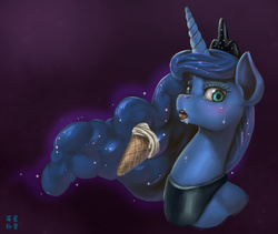 Size: 2319x1960 | Tagged: safe, artist:mrs1989, princess luna, alicorn, pony, g4, blushing, bust, caught, constellation, ethereal mane, featured image, female, food, glowing horn, gradient background, horn, ice cream, levitation, looking at you, magic, messy eating, open mouth, solo, starry mane, sweat, telekinesis, tongue out, wide eyes