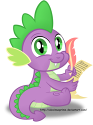 Size: 1024x1379 | Tagged: safe, artist:aleximusprime, spike, dragon, g4, cute, feather, looking at you, looking back, male, quill, scroll, simple background, sitting, smiling, solo, transparent background, vector, writing