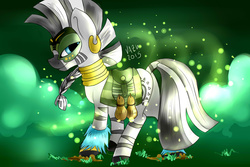 Size: 3000x2000 | Tagged: safe, artist:korashy, zecora, g4, the cutie re-mark, alternate hairstyle, alternate timeline, chrysalis resistance timeline, female, high res, resistance leader zecora, saddle bag, smiling, solo