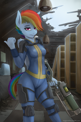 Size: 1200x1800 | Tagged: safe, alternate version, artist:staggeredline, rainbow dash, pegasus, anthro, fallout equestria, g4, alternate timeline, apocalypse dash, clothes, crossover, energy weapon, fallout, female, jumpsuit, laser rifle, looking at you, skintight clothes, solo, tight clothing, vault suit, weapon, wings