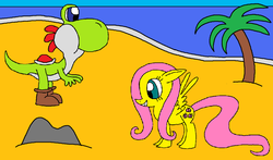 Size: 1024x602 | Tagged: safe, artist:killerbug2357, fluttershy, yoshi, g4, 1000 hours in ms paint, crossover, ms paint, super mario bros., yoshi shy