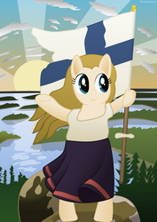 Size: 2456x3476 | Tagged: safe, artist:techarmsbu, oc, oc only, pony, clothes, finland, finnish maiden, flag, high res, pastiche, ponified, solo, sunrise