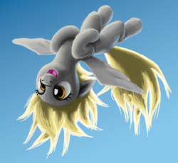 Size: 2018x1856 | Tagged: safe, artist:odooee, derpy hooves, pegasus, pony, g4, blue background, cute, derpabetes, female, flying, mare, open mouth, simple background, sky, solo, upside down