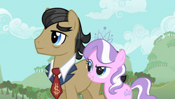 Size: 1366x768 | Tagged: safe, screencap, diamond tiara, filthy rich, earth pony, pony, family appreciation day, g4, dollar sign, father and child, father and daughter, female, male