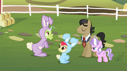 Size: 1366x768 | Tagged: safe, screencap, apple bloom, diamond tiara, filthy rich, granny smith, earth pony, pony, family appreciation day, g4, bunny bloom, bunny costume, clothes, dollar sign, female, filly, foal, male, solo, stallion