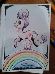 Size: 1280x1707 | Tagged: safe, artist:taritoons, oc, oc only, unnamed oc, classical unicorn, pink fluffy unicorns dancing on rainbows, cloven hooves, german comic con, horn, leonine tail, traditional art, unshorn fetlocks