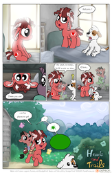 Size: 1300x2000 | Tagged: safe, artist:smudge proof, oc, oc only, oc:eschaton, oc:halcyon, oc:tails, butterfly, dog, donkey, earth pony, pony, comic:heads and tails, cabin, comic, dream, foal, forest, glowing, green, monolith, morning, outdoors, painting, patreon, patreon logo, scenery, tulpa