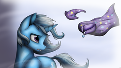 Size: 3840x2160 | Tagged: safe, artist:lupiarts, trixie, pony, unicorn, g4, brooch, cape, clothes, female, hat, high res, jewelry, mare, sad, solo, trixie's brooch, trixie's cape, trixie's hat