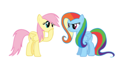 Size: 1191x670 | Tagged: safe, fluttershy, rainbow dash, g4, alternate hairstyle, care mare, mane swap, palette swap