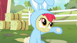 Size: 1366x768 | Tagged: safe, screencap, apple bloom, earth pony, pony, family appreciation day, g4, adorabloom, bunny bloom, bunny costume, clothes, cute, female, filly, raised hoof, smiling, solo