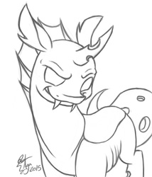 Size: 1024x1195 | Tagged: safe, artist:eternalsubscriber, changeling, grin, mischievous, monochrome, solo, wip