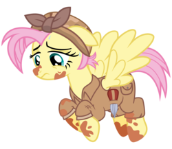Size: 3000x2600 | Tagged: safe, artist:cheezedoodle96, fluttershy, pony, g4, the cutie re-mark, .svg available, alternate hairstyle, alternate timeline, apocalypse fluttershy, clothes, crystal war timeline, dirty, female, headscarf, high res, mare, overalls, sad, scarf, scissors, shears, simple background, solo, svg, sweat, transparent background, vector
