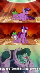 Size: 607x1104 | Tagged: safe, edit, spike, twilight sparkle, alicorn, pony, g4, the cutie re-mark, dragon ball, dragonball z abridged, female, i can see the future, image macro, mare, meme, pun, toolo, twilight sees the future, twilight sparkle (alicorn)