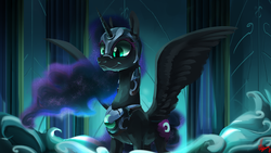 Size: 5334x3000 | Tagged: safe, artist:alumx, nightmare moon, alicorn, pony, g4, the cutie re-mark, absurd resolution, adorkable, alternate timeline, cross-eyed, cute, dork, female, moonabetes, nightmare takeover timeline, portrait, silly, silly pony, smiling, solo, spread wings, three quarter view, waist up