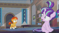 Size: 640x360 | Tagged: safe, screencap, starlight glimmer, sunburst, g4, the cutie re-mark, animated, blaze (coat marking), coat markings, colt, colt sunburst, cutiespark, facial markings, female, filly, filly starlight glimmer, image macro, male, meme, socks (coat markings), younger