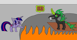 Size: 1024x541 | Tagged: safe, artist:killerbug2357, twilight sparkle, oc, oc:q-bert, alicorn, changeling, pony, g4, 1000 hours in ms paint, book, female, green changeling, magic, mare, ms paint, telekinesis, twilight sparkle (alicorn)