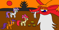 Size: 1024x537 | Tagged: safe, artist:killerbug2357, apple bloom, scootaloo, sweetie belle, g4, 1000 hours in ms paint, cutie mark crusaders, food, mooncake, ms paint, wrong cutie mark