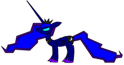 Size: 1024x539 | Tagged: safe, artist:killerbug2357, princess luna, alicorn, pony, robot, robot pony, g4, 1000 hours in ms paint, angular, crown, female, folded wings, glowing, glowing eyes, horn, jewelry, long horn, ms paint, princess lunabot, regalia, solo, wings