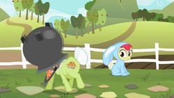 Size: 1366x768 | Tagged: safe, screencap, apple bloom, granny smith, family appreciation day, g4, bunny bloom, bunny costume, cauldron, clothes