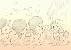Size: 877x613 | Tagged: safe, artist:sherwoodwhisper, apple bloom, applejack, babs seed, scootaloo, sweetie belle, g4, afro, cutie mark crusaders, monochrome, traditional art, wig
