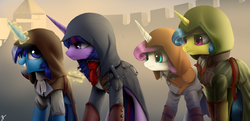 Size: 3100x1500 | Tagged: safe, artist:supermare, lemon hearts, minuette, twilight sparkle, twinkleshine, pony, unicorn, g4, assassin's creed, assassin's creed unity, beautiful, crossover, cute